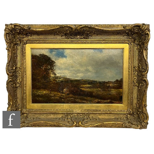 945 - FOLLOWER OF DAVID COX, OWS (1783-1859) - 'Haymaking', oil on board, framed, 27cm x 45cm, frame size ... 