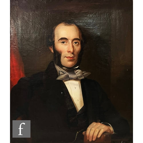 953 - ENGLISH SCHOOL (MID 19TH CENTURY) - Portrait of a gentleman wearing a black jacket, half length seat... 