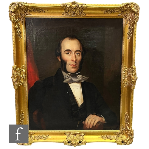 953 - ENGLISH SCHOOL (MID 19TH CENTURY) - Portrait of a gentleman wearing a black jacket, half length seat... 