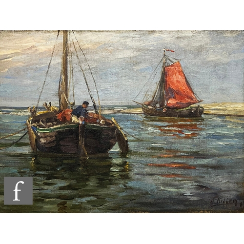 967 - DUTCH SCHOOL (EARLY 20TH CENTURY) - Fishing boats in harbour, oil on canvas, indistinctly signed, fr... 