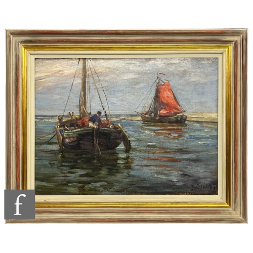 967 - DUTCH SCHOOL (EARLY 20TH CENTURY) - Fishing boats in harbour, oil on canvas, indistinctly signed, fr... 