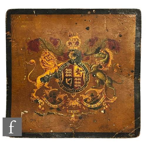 984 - A 19th Century painted board depicting The Royal Coat of Arms of the United Kingdom, unframed, 46cm ... 