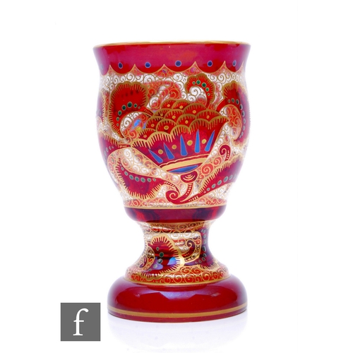 575 - A Bohemian Haida J. Oertel & Co hand painted glass goblet circa 1915 to 1920, the domed foot to ... 