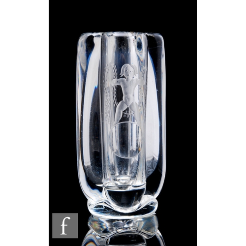 579 - A 1930s Art Deco clear crystal glass vase by Hadeland of Norway, the heavily quatre-lobed body decor... 