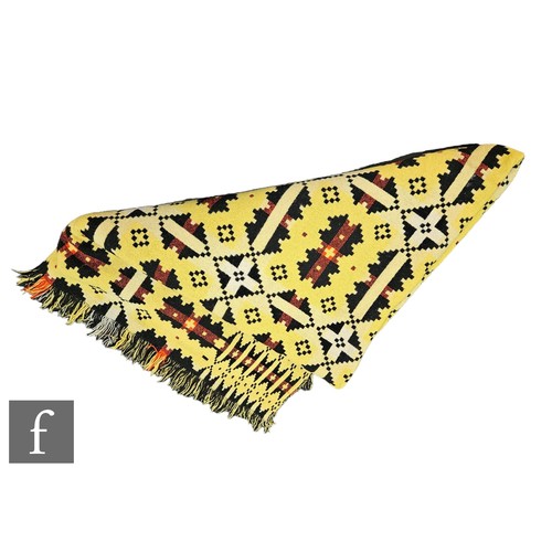 861 - A vintage woollen Welsh tapestry black, yellow and deep orange fringed edge blanket or carthen, meas... 