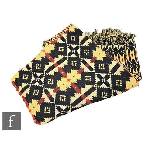 862 - A vintage woollen Welsh tapestry black, yellow and deep orange fringed edge blanket or carthen, meas... 