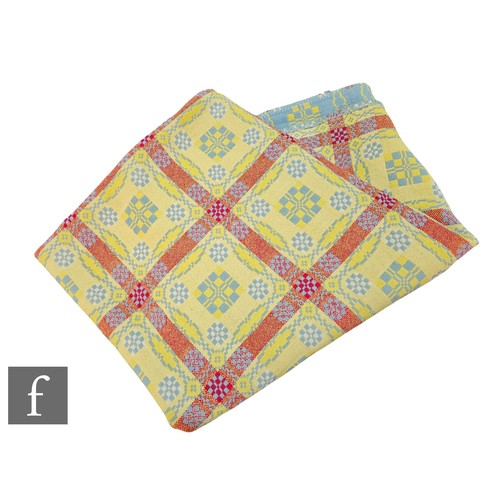 864 - A vintage woollen Welsh tapestry pale blue, yellow and deep pink fringed edge blanket or carthen, me... 