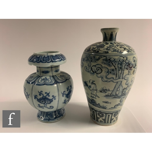 30 - Two Chinese blue and white vases, one of pedestal form with segmented panels, detailed with lotus fl... 