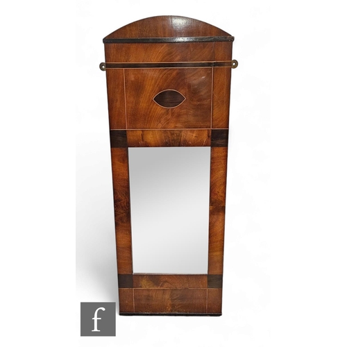 1052 - A 19th Century inlaid mahogany rectangular wall mirror, arched top over a square plate, 93cm x 36cm