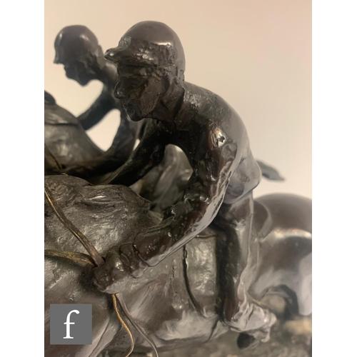 833 - AFTER BONHEUR - A late 20th Century bronze study of two steeple chase horses, each with jockeys up a... 