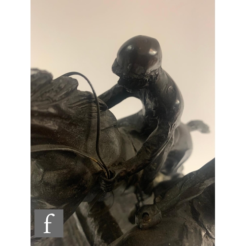 833 - AFTER BONHEUR - A late 20th Century bronze study of two steeple chase horses, each with jockeys up a... 