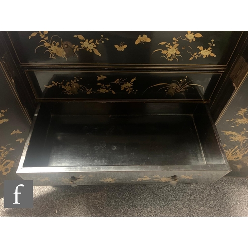 10 - A 19th Century Chinese lacquer table cabinet fitted with four long two short floral decorated drawer... 