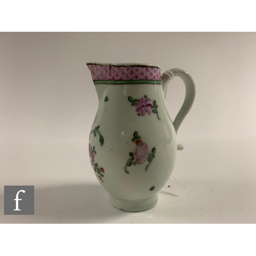 153 - A small 18th Century Worcester sparrow beak jug circa 1770, the body hand enamelled with floral spri... 