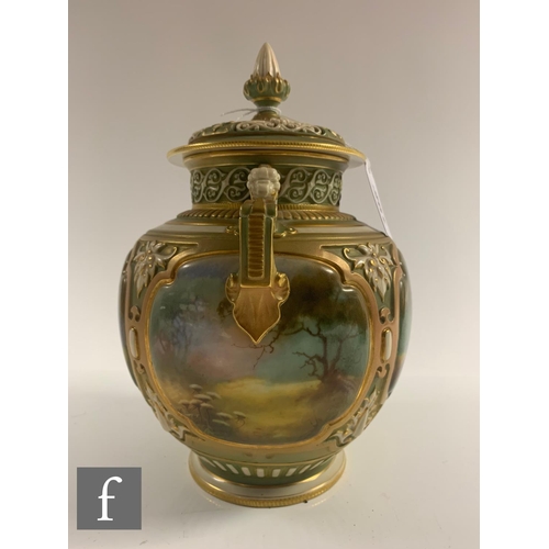 201 - An early 20th Century Royal Worcester Hadley shape pomander and cover, the footed ovoid body with re... 