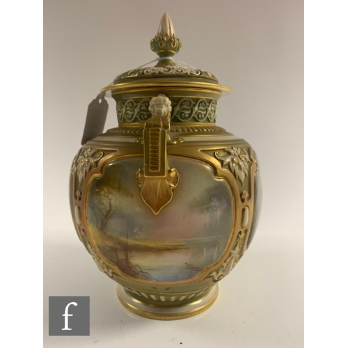 201 - An early 20th Century Royal Worcester Hadley shape pomander and cover, the footed ovoid body with re... 