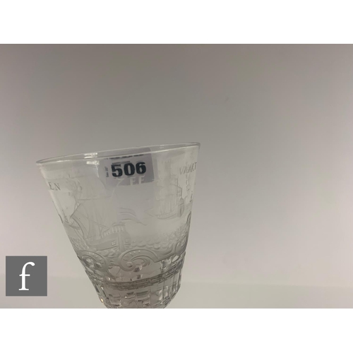 506 - A 19th Century clear crystal drinking glass, the round funnel bowl above a multi knopped facet stem ... 