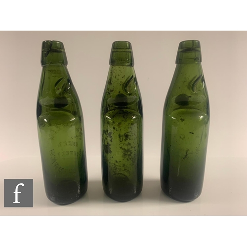 810 - Three Codd bottles, dark green, by P A Green, Queen Street, West Bromwich, all cracked. (3)