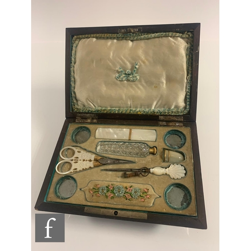 847 - A 19th Century French musical Palais Royal sewing box, the interior fitted with a tray inset with fo... 