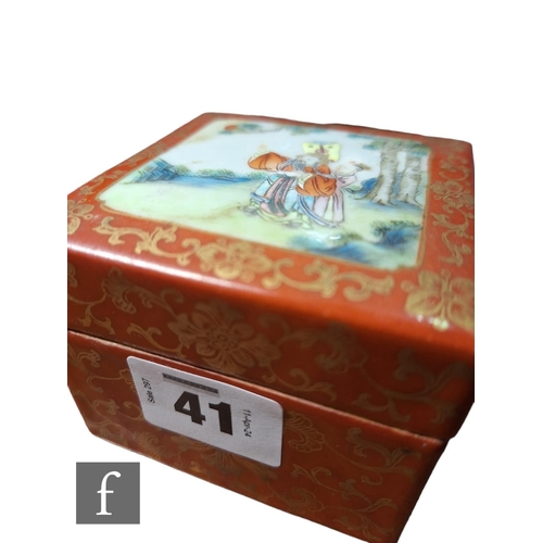 41 - A Chinese Late Qing Dynasty porcelain cosmetics box, the square section box with removable cover and... 