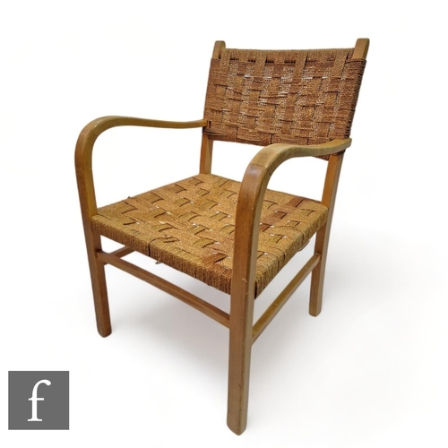 401 - A 1940s Danish 'Ropework' open armchair by Frits Schlegel, the stained beechwood frame with woven ro... 