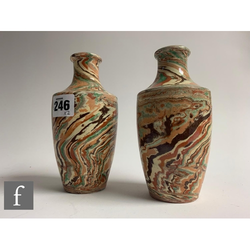 246 - A pair of late 19th Pichon Agateware vases of shouldered ovoid form with drawn collar necks, decorat... 