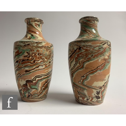 246 - A pair of late 19th Pichon Agateware vases of shouldered ovoid form with drawn collar necks, decorat... 