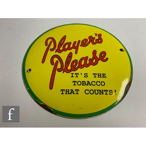 73 - A circular enamel advertising sign, 'Player's Please, it's the tobacco that counts' on a yellow grou... 