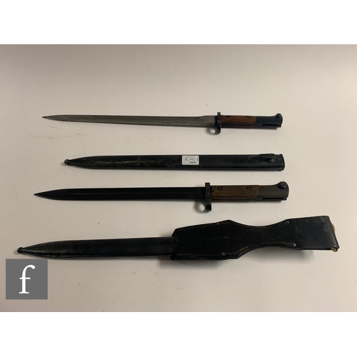 757 - Three German Mauser bayonets and scabbards, a similar Czech bayonet and scabbard with leather holste... 