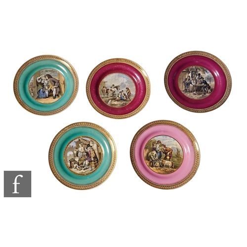 292 - A set of five 19th Century Pratt Ware plates, each transfer printed with a central roundel within co... 