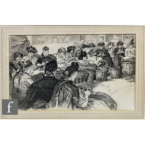 996 - ATTRIBUTED TO WILLIAM DOUGLAS ALMOND (1868-1916) - Women at a quayside cleaning mussels, graphite dr... 