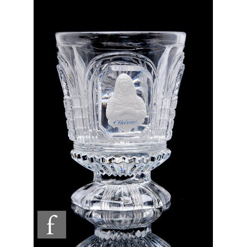 613 - A mid 19th Century Baccarat pressed glass footed beaker, circa 1840, the cylinder bowl decorated wit... 