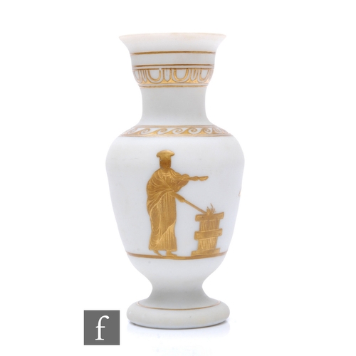 639 - A 19th Century white opaline glass vase of footed, shouldered ovoid form with collar neck and flared... 