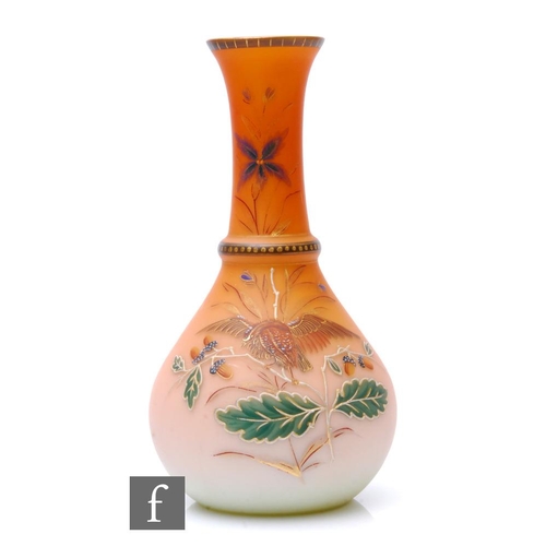 668 - A late 19th Century Harrach Peach blow satin glass vase of ovoid form with waisted collar neck, enam... 