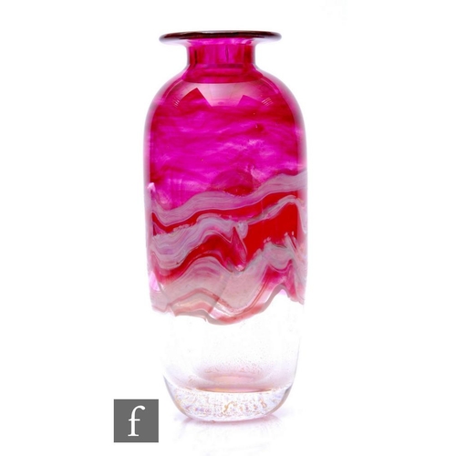 669 - A contemporary Jonathan Harris studio glass vase of ovoid form with flat rim, in graduated pink to c... 