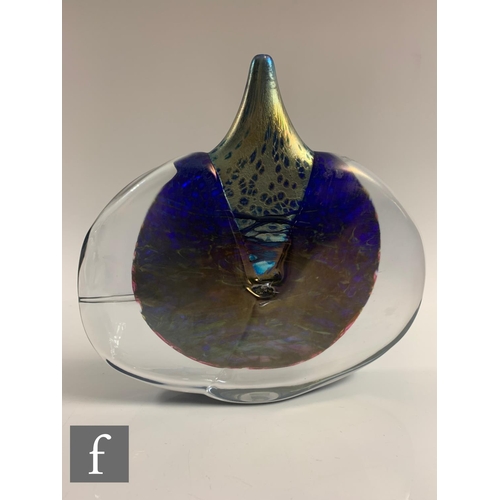 686 - A contemporary Isle of Wight studio glass fish vase, designed by Timothy Harris, mottled blue and go... 