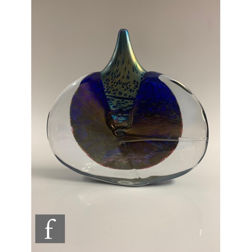 686 - A contemporary Isle of Wight studio glass fish vase, designed by Timothy Harris, mottled blue and go... 