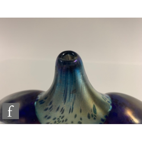 686 - A contemporary Isle of Wight studio glass fish vase, designed by Timothy Harris, mottled blue and go... 