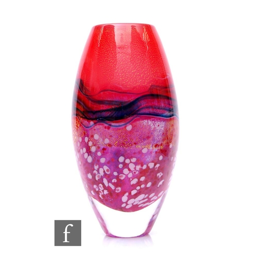 687 - A contemporary Jonathan Harris studio glass vase in the Red Horizons pattern, of ovoid form, decorat... 