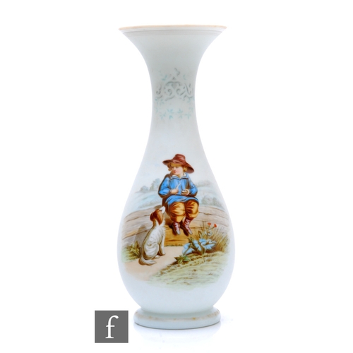 698 - A large 19th Century continental vase of footed skittle form with a flared rim, hand enamelled with ... 