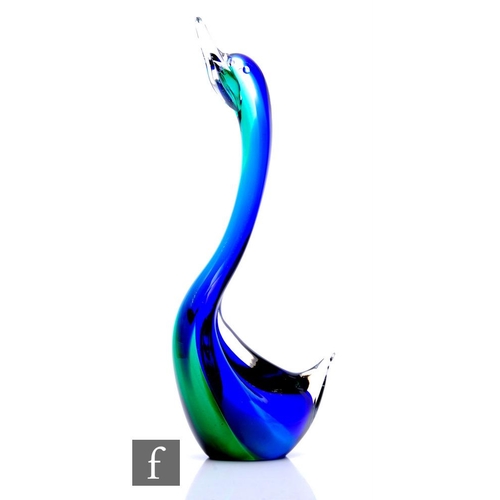 588 - A 20th Century Murano large glass figure formed as a stylised swan, decorated internally in deep blu... 