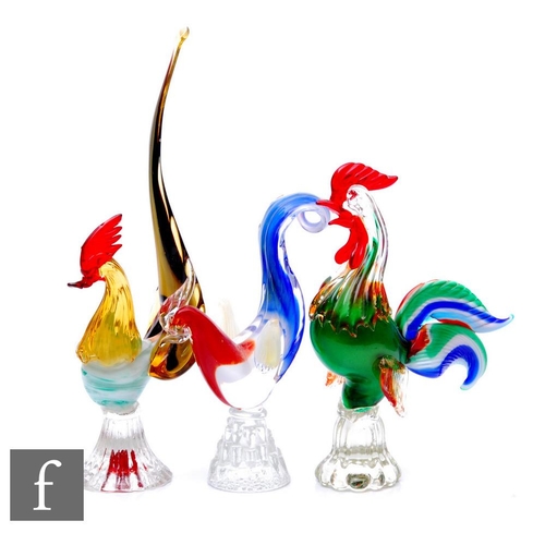 710 - Three 20th Century Murano glass figures modelled as stylised cockerels, all with applied decoration ... 