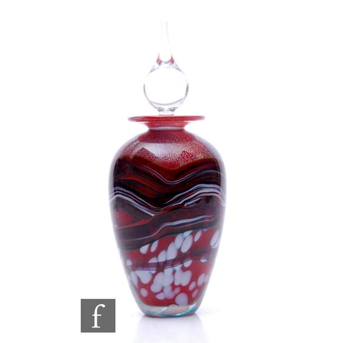 806 - A contemporary Jonathan Harris studio glass scent bottle, of ovoid form with flat rim, internally de... 