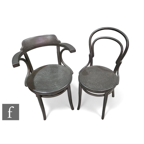 413 - A set of five 1920s and later grey painted bentwood chairs, including an elbow chair. (5)