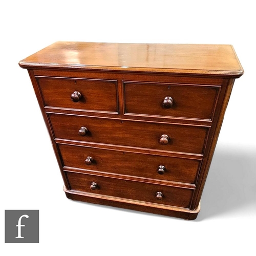 420 - A Victorian mahogany straight front chest of two short and three long drawers, turned wood handles o... 