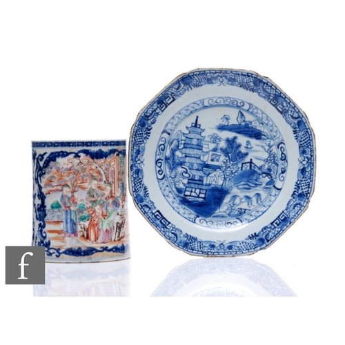 66 - A Chinese 18th Century blue and white octagonal plate, diameter 22.5cm, together with an 18th Centur... 