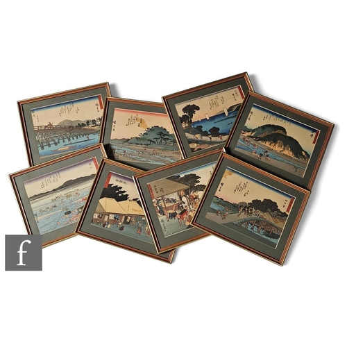 68 - A collection of eight Japanese prints, after Utagawa Hiroshige, all of varying landscape scenes, all... 