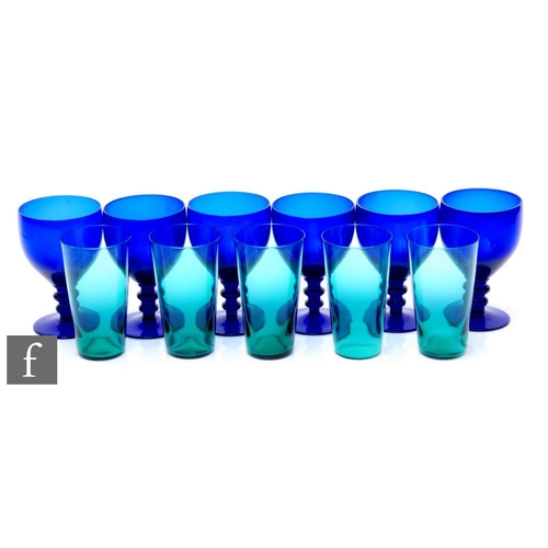 746 - A set of six late 19th Century Bristol Blue wine glasses with an ovoid bowl above a double knopped s... 