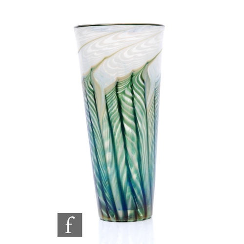 794 - A contemporary Lundberg Studios glass vase, of tapering sleeve form, decorated with pulled opal trai... 