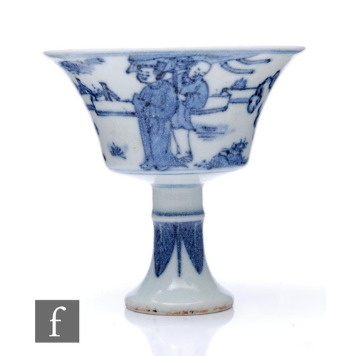 82 - A Chinese blue and white stem cup, Jianqing six-character mark to base, but later, the spreading cir... 