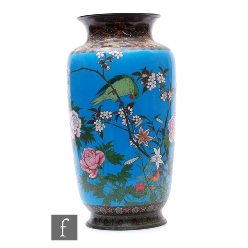 84 - A Japanese Meiji Period (1868-1912) cloisonne vase, of tapered ovoid form with everted rim, the blue... 